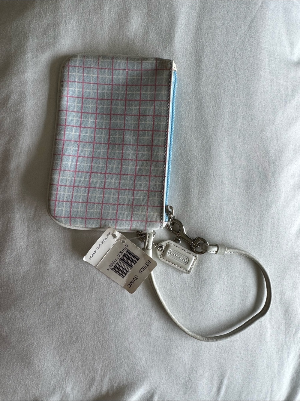 Vintage Coach White Leather Wristlet with Blue and Pink Tattersall Plaid Y2K - Picture 2 of 7